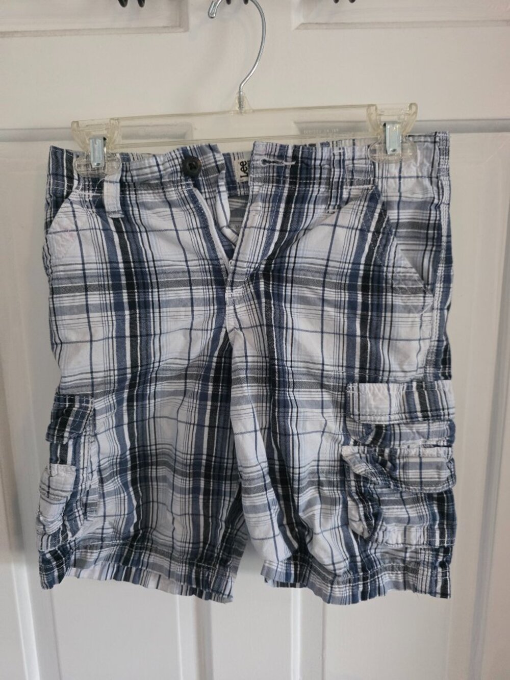 Boys Youth Lee Dungarees Blue Plaid Cargo Shorts Size 10 Reg Loose Adjustable
